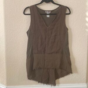 Wearables Sleeveless Fringe Hem Linen High-low Olive Green Top Size S